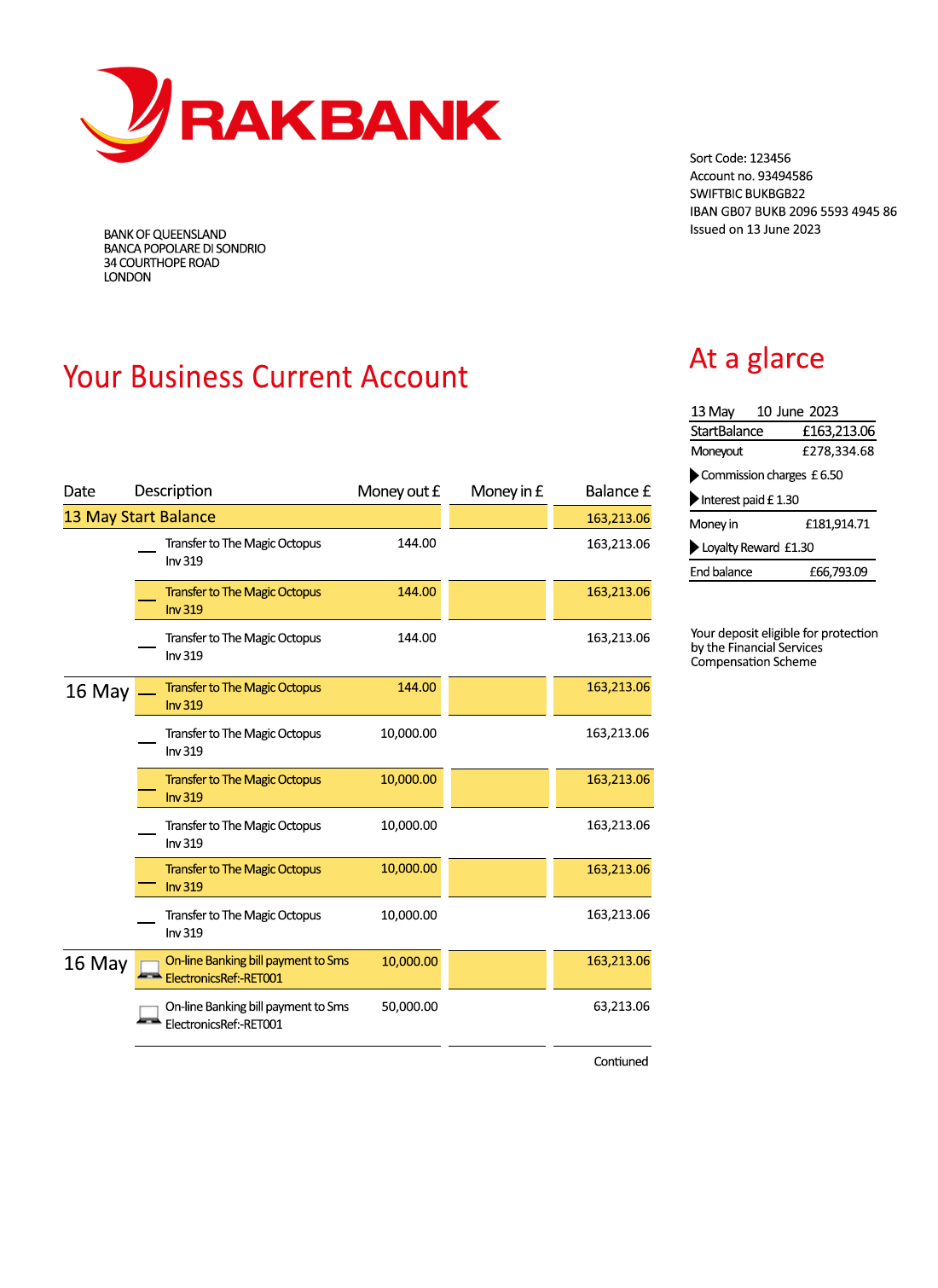 Fake Rakbank enterprise Business Bank Statement