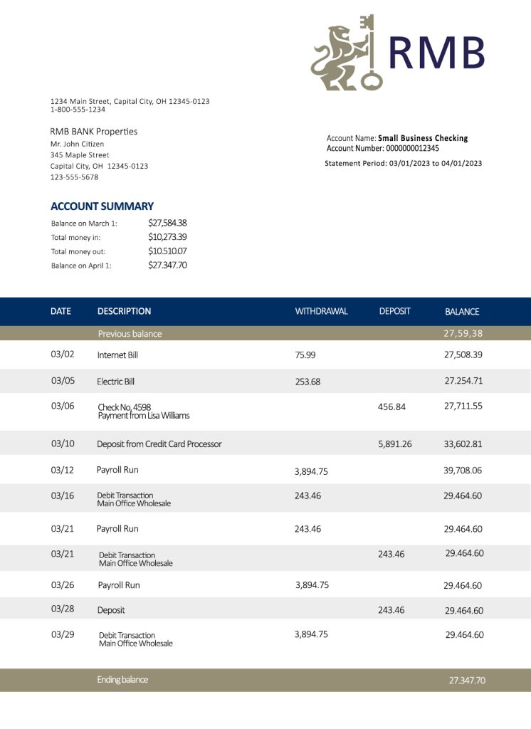 Fake Rand Merchant Business Bank Statement
