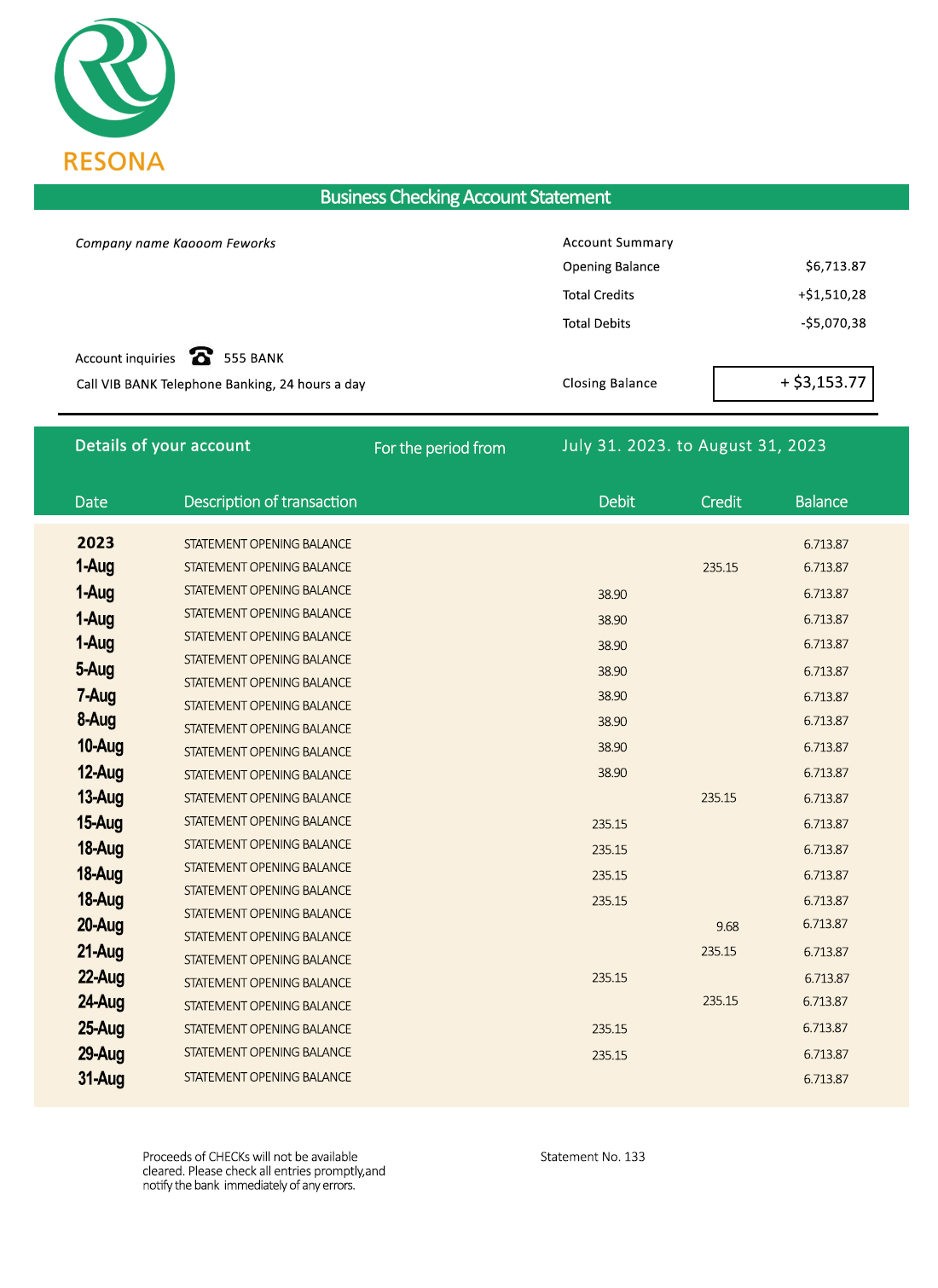 Fake Resona Business Bank Statement