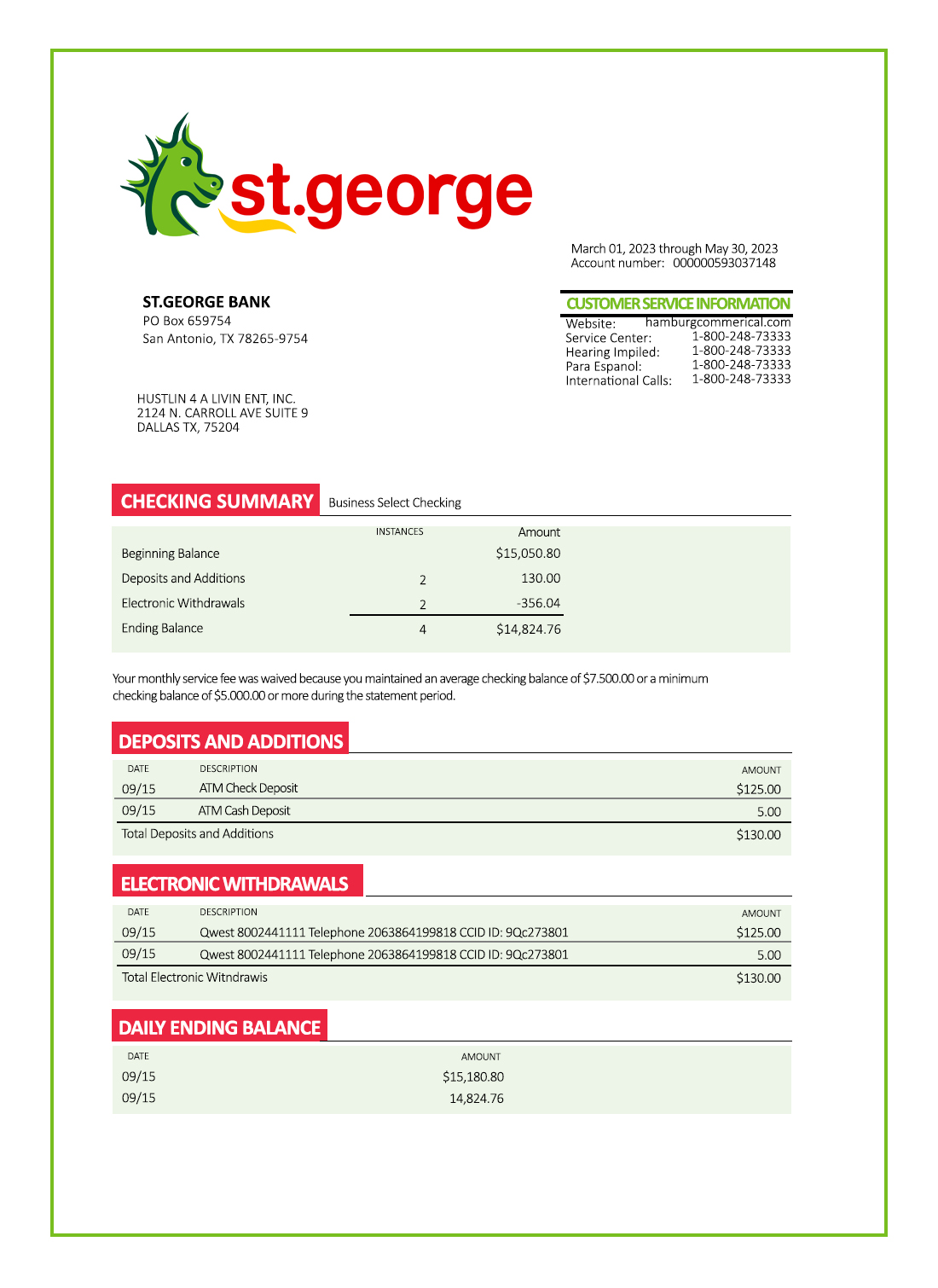 Fake ST. George Business Bank Statement