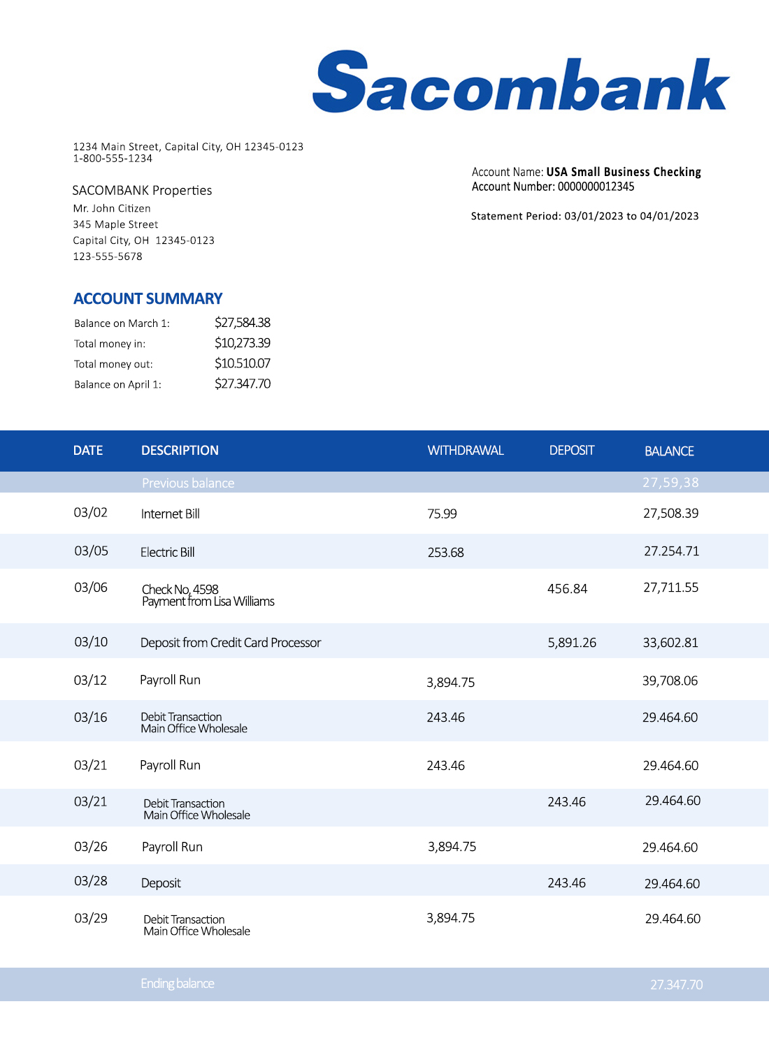 Fake Sacombank organization checking Business Bank Statement