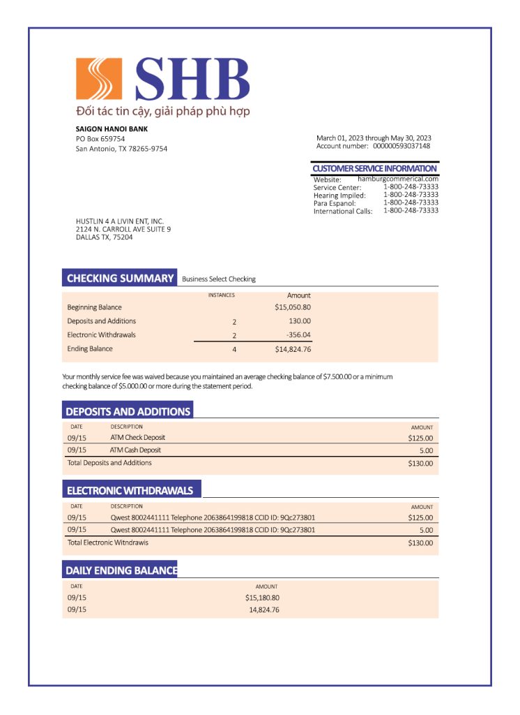 Fake Saigon Hanoi Business Bank Statement