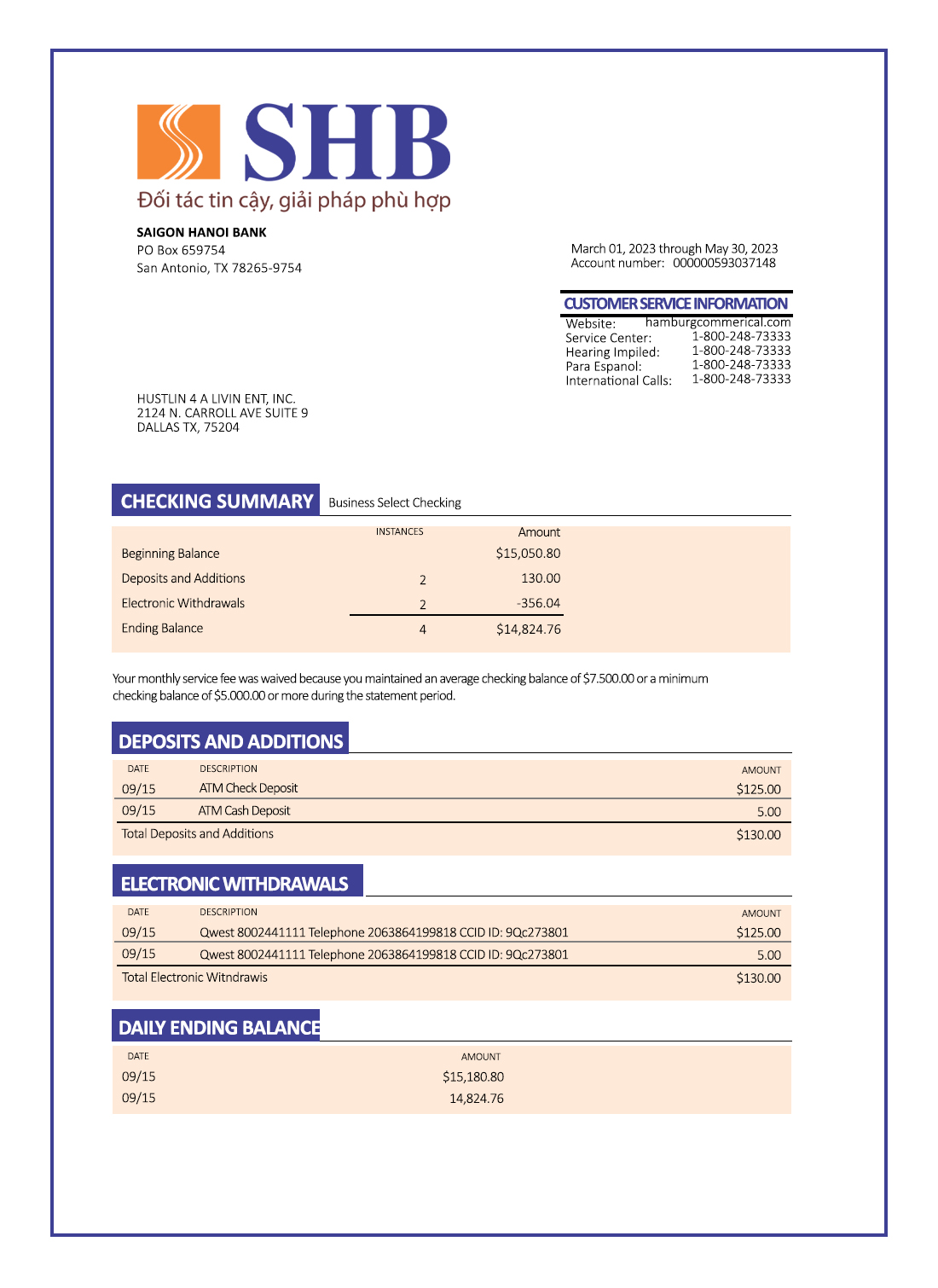 Fake Saigon Hanoi Business Bank Statement