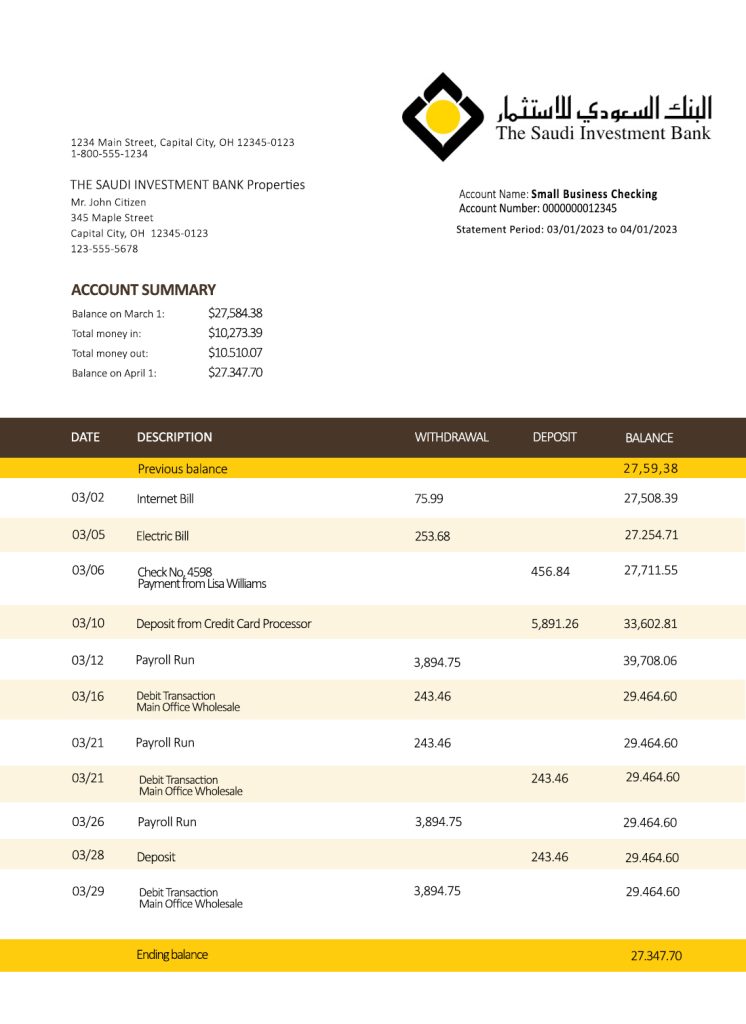 Fake Saudi Investment Business Bank Statement