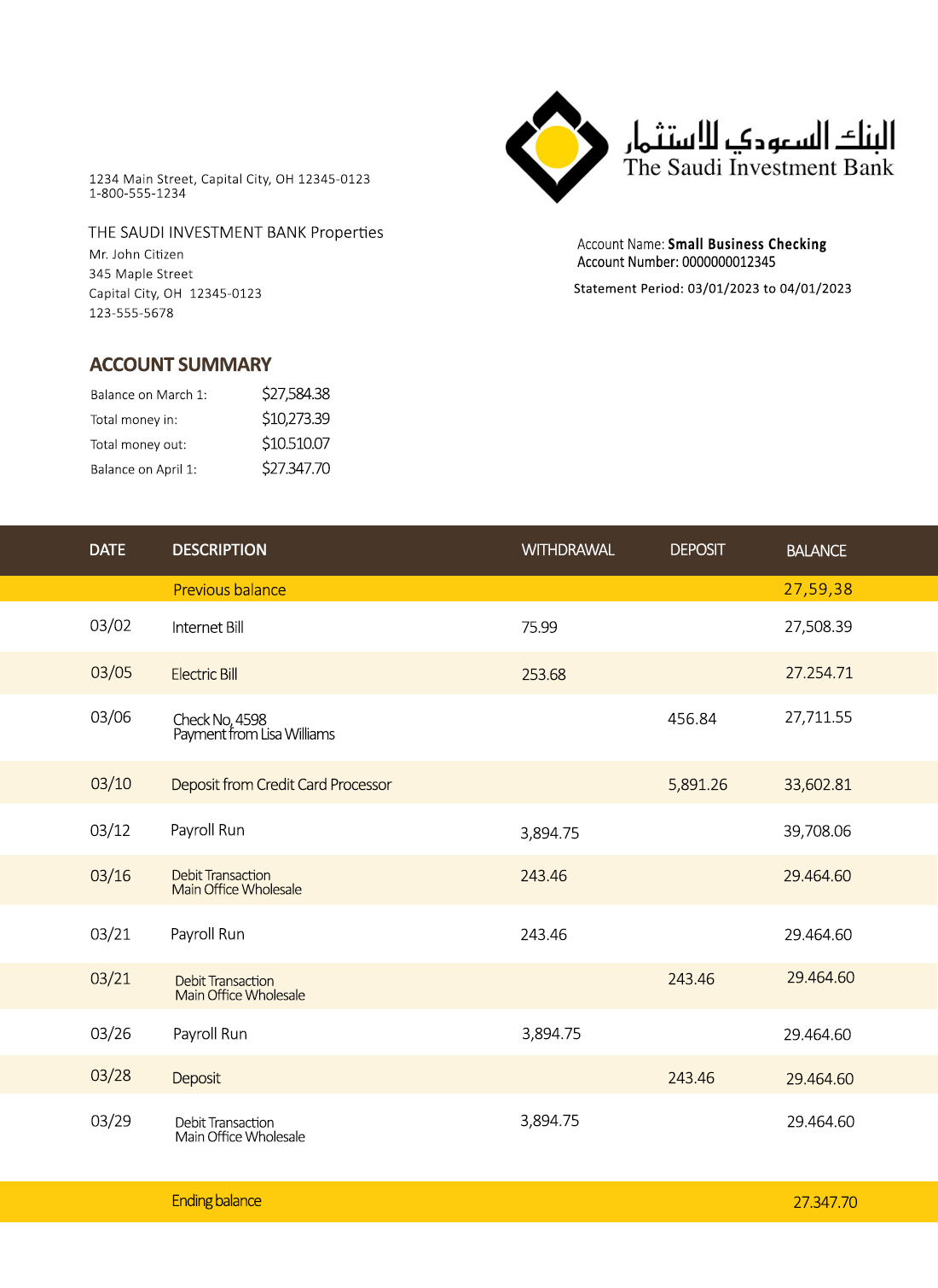 Fake Saudi Investment Business Bank Statement