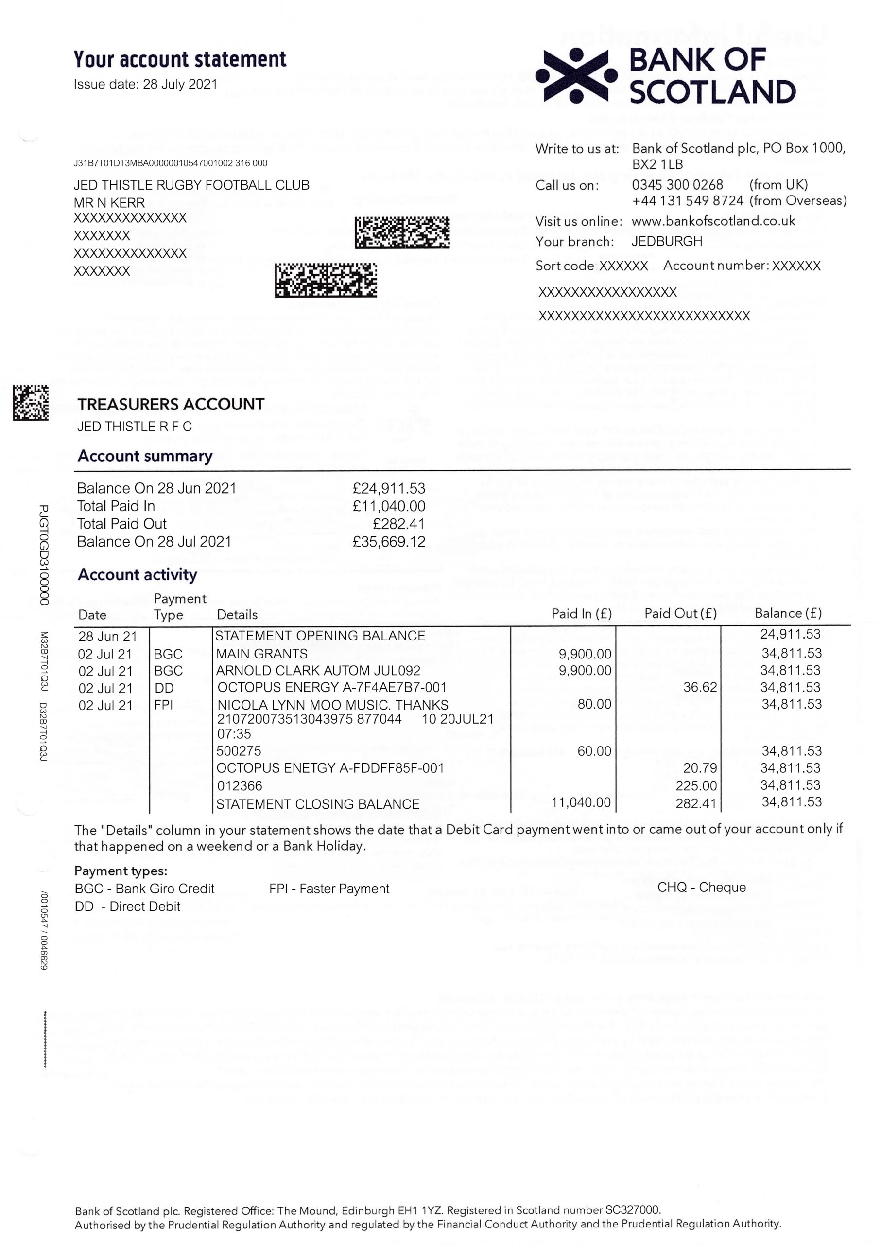 Fake Scotland corporate Business Bank Statement