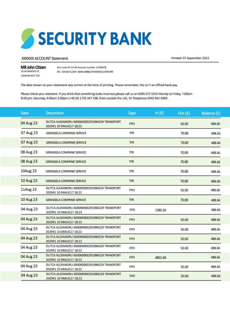 Fake Security Business Bank Statement