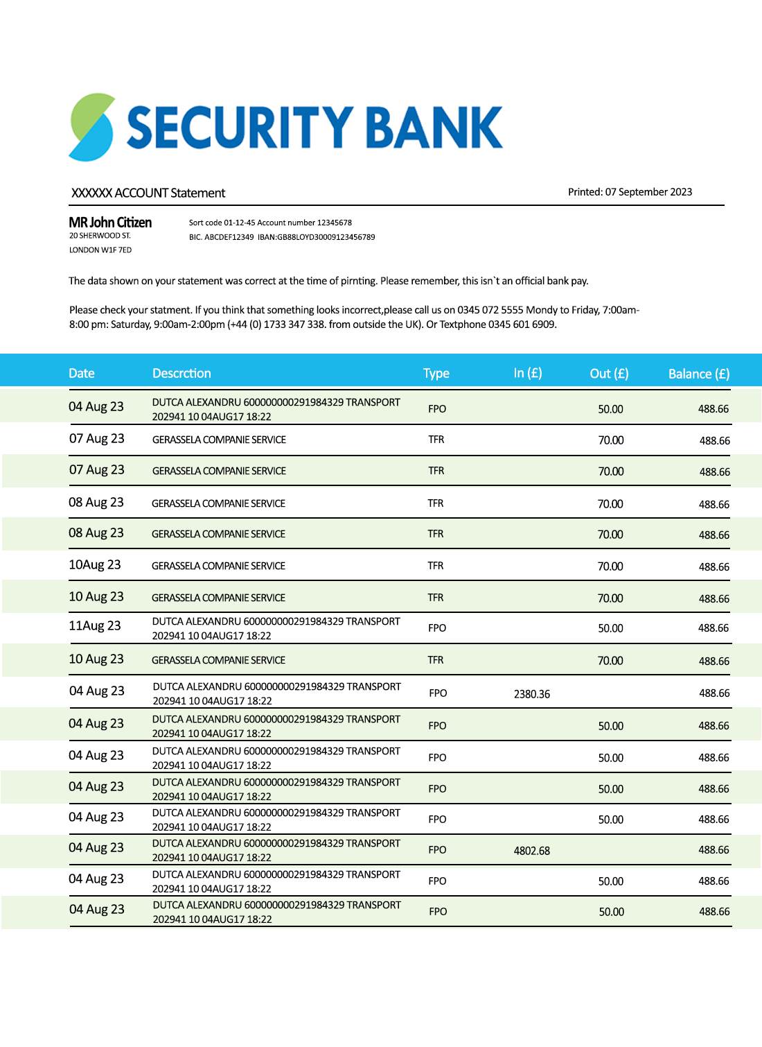 Fake Security Business Bank Statement