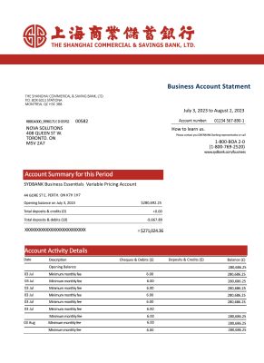 Fake Shanghai Commercial & Savings Business Bank Statement