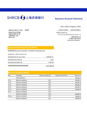 Fake Shanghai rural Commercial Business Bank Statement