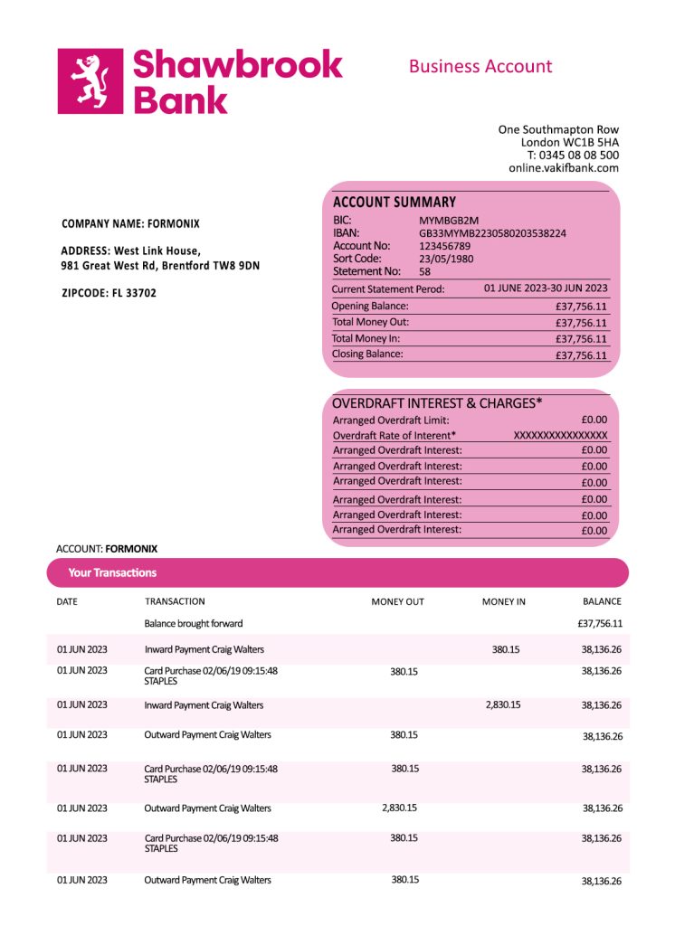 Fake Shawbrook Group Business Bank Statement