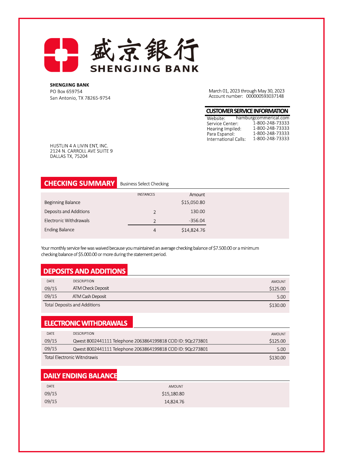 Fake Shengjing Business Bank Statement