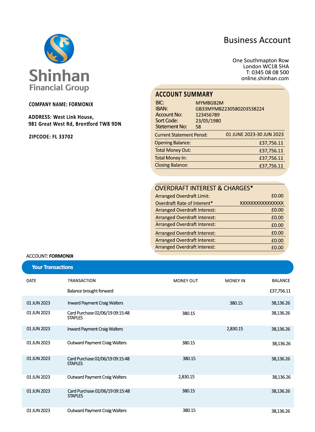 Fake Shinhan Financial Group enterprise Business Bank Statement