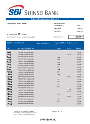 Fake Shinsei Business Bank Statement