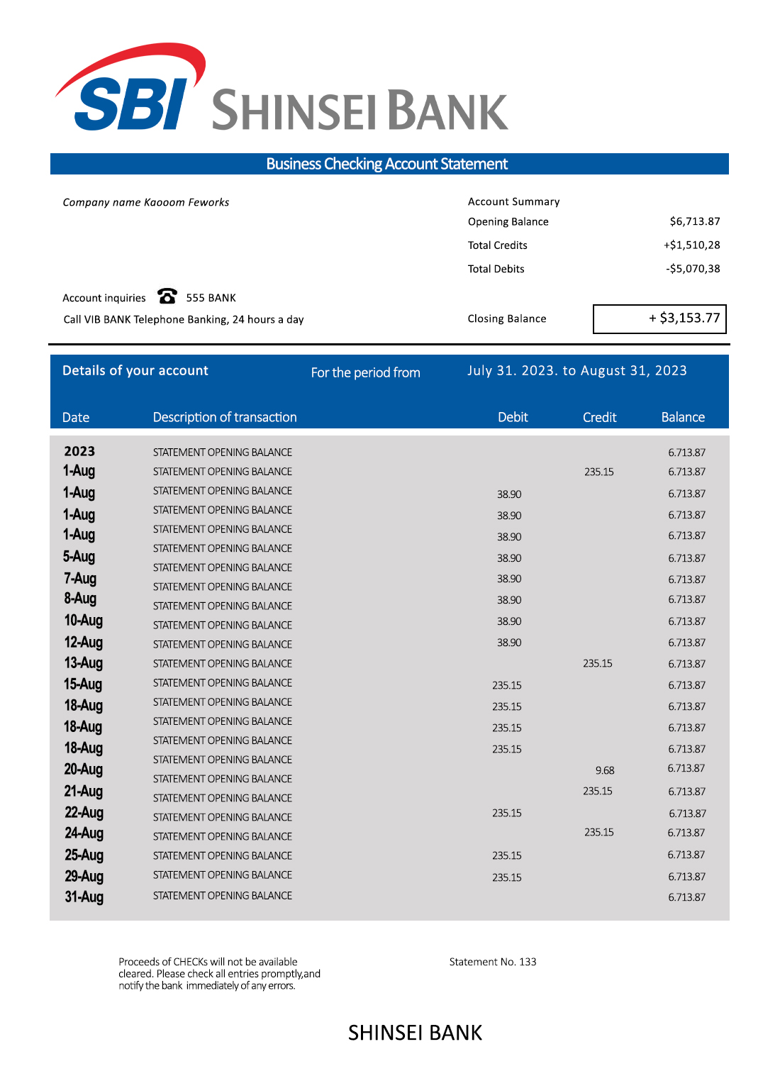 Fake Shinsei Business Bank Statement