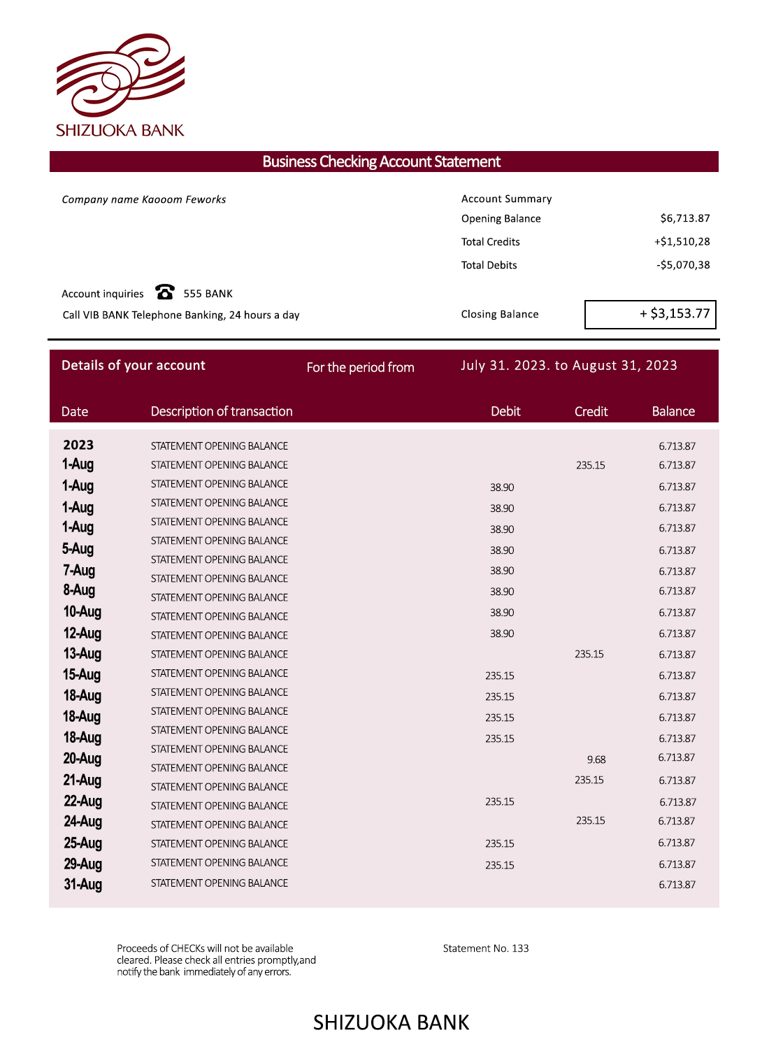 Fake Shizuoka Bank organization Business Bank Statement