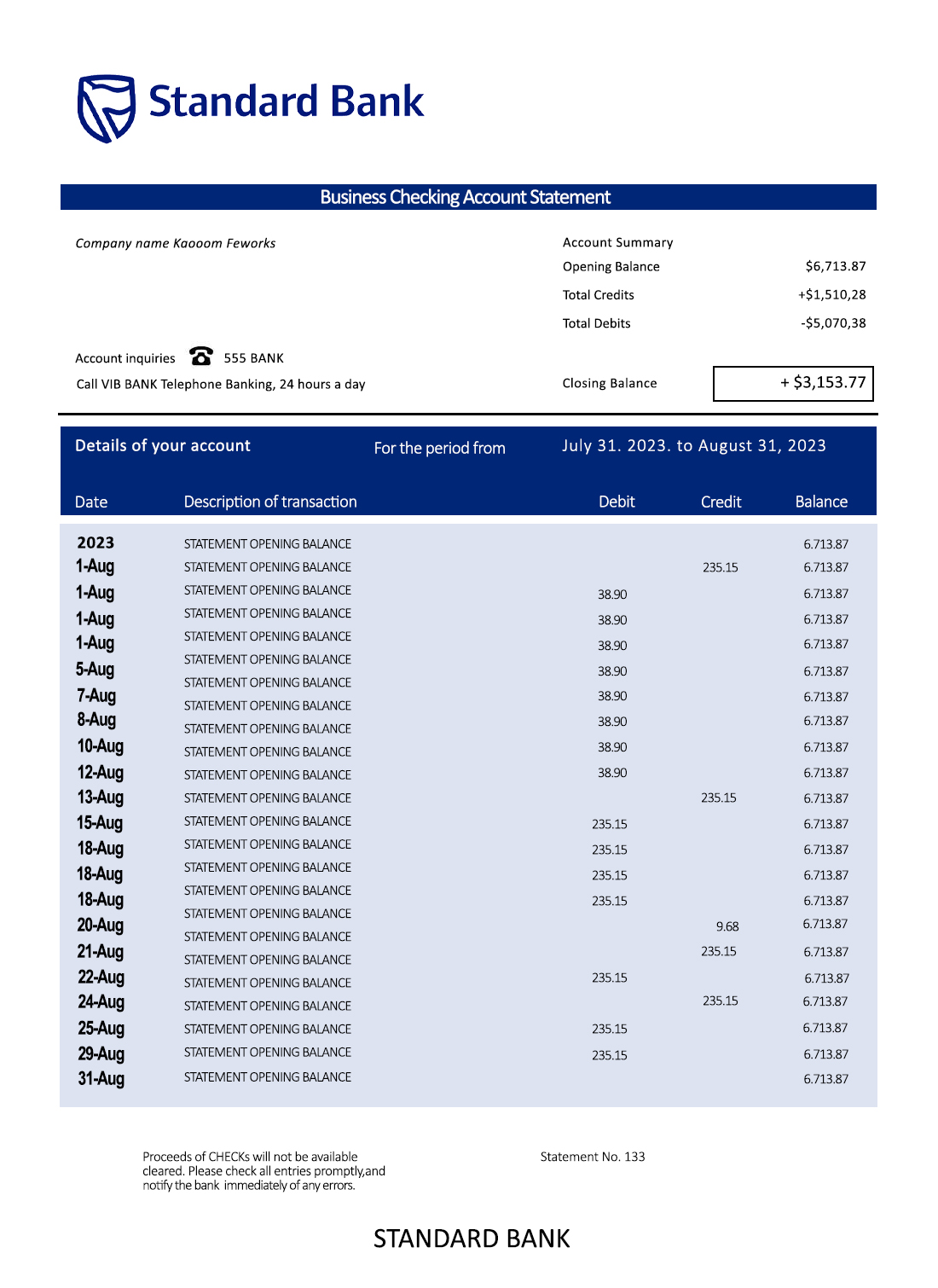 Fake Standard Business Bank Statement