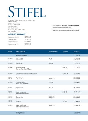 Fake Stifel Financial Business Bank Statement