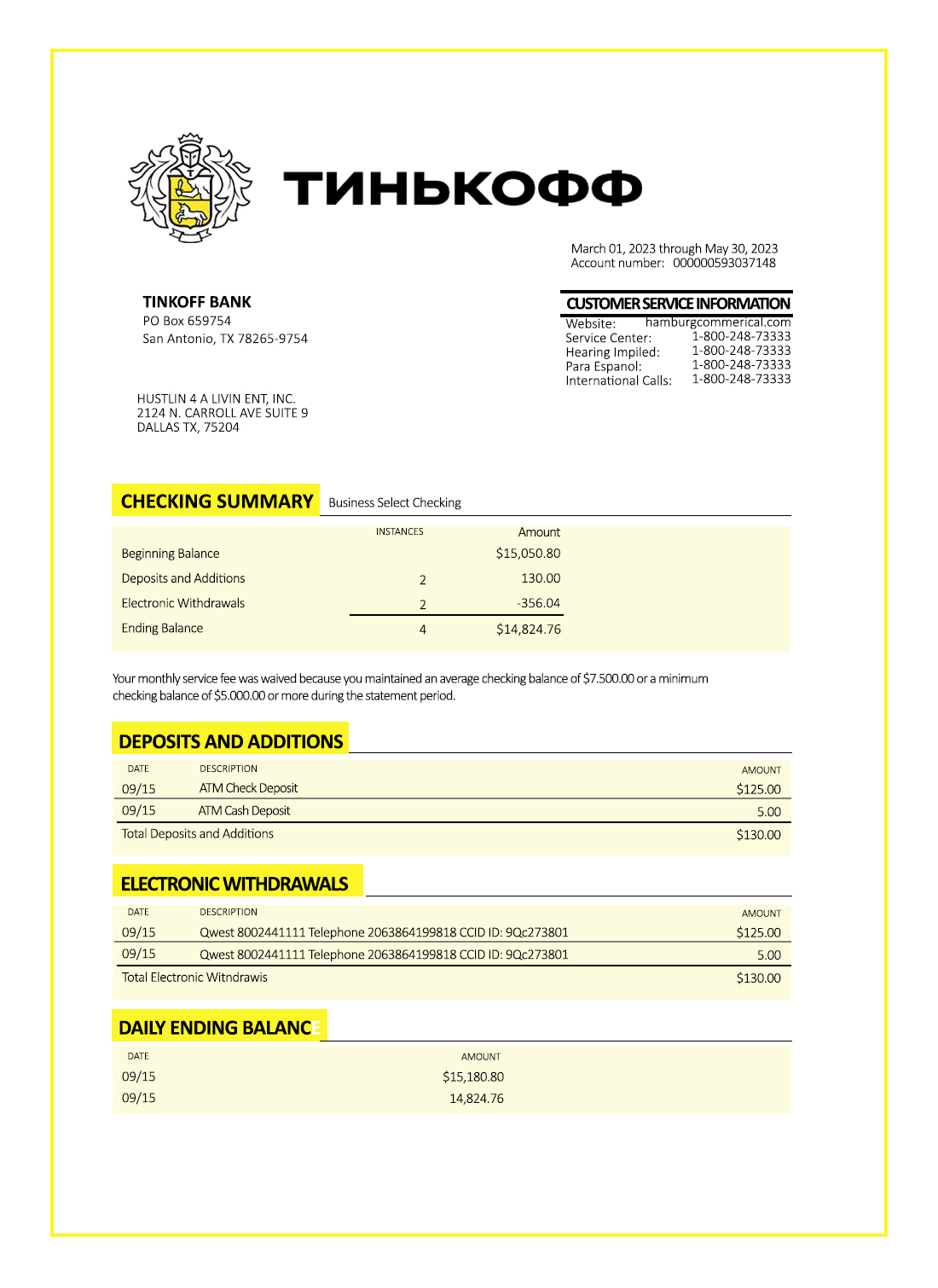 Fake TINKOFF Business Bank Statement