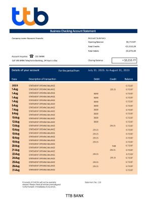 Fake TTB Business Bank Statement