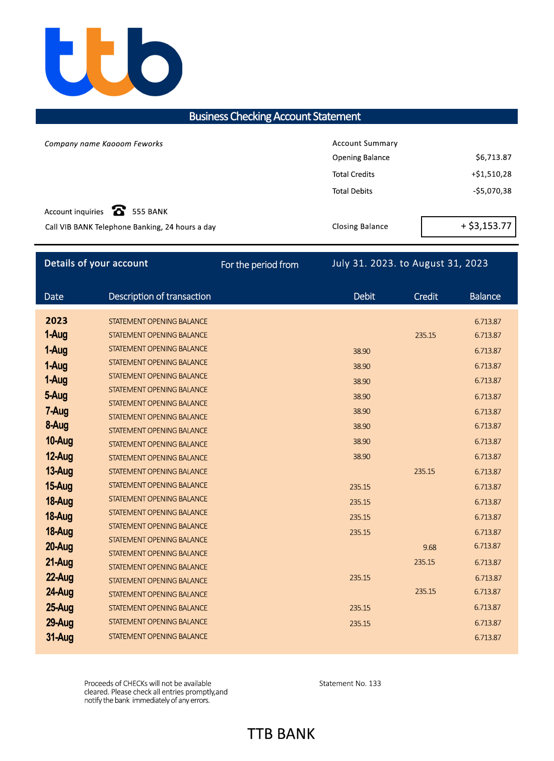 Fake TTB Business Bank Statement