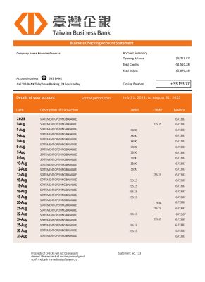 Fake Taiwan Business Bank Statement