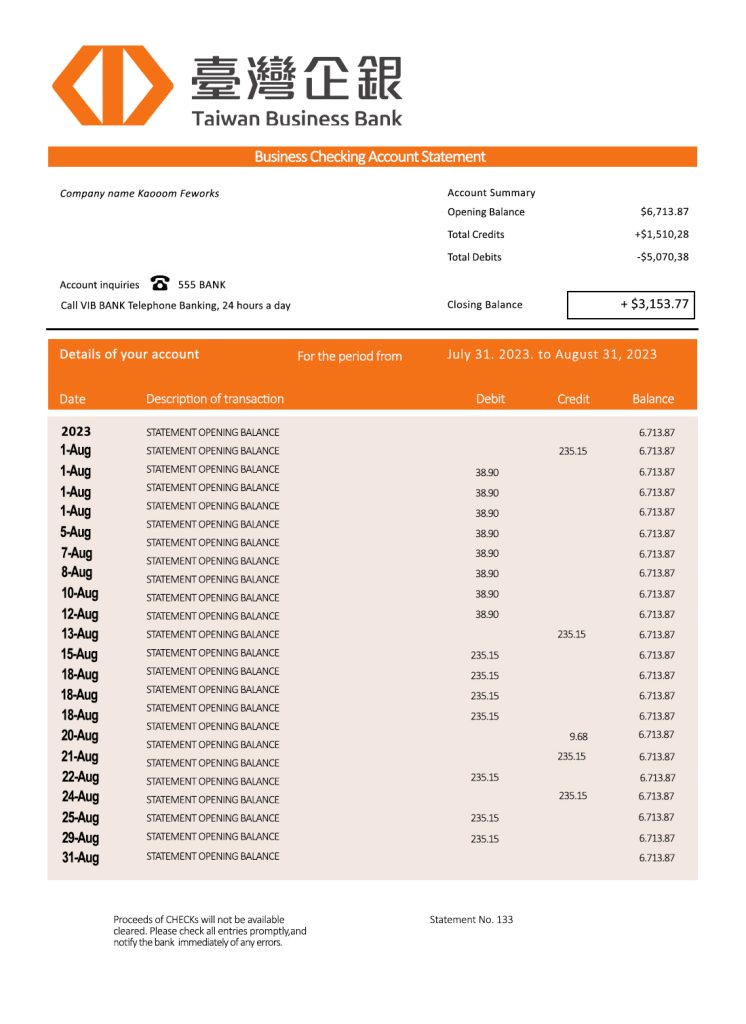 Fake Taiwan Business Bank Statement
