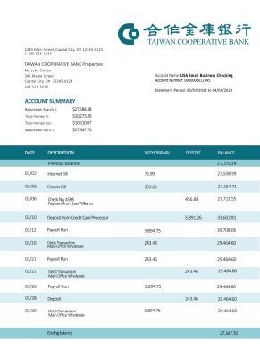 Fake Taiwan Cooperative Business Bank Statement