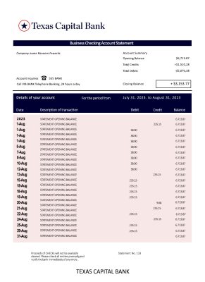 Fake Texas Capital Business Bank Statement