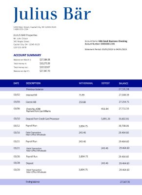 Fake Ulius Baer Business Bank Statement