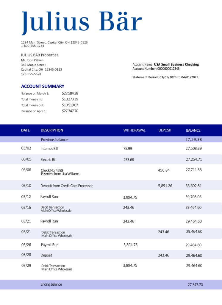 Fake Ulius Baer Business Bank Statement