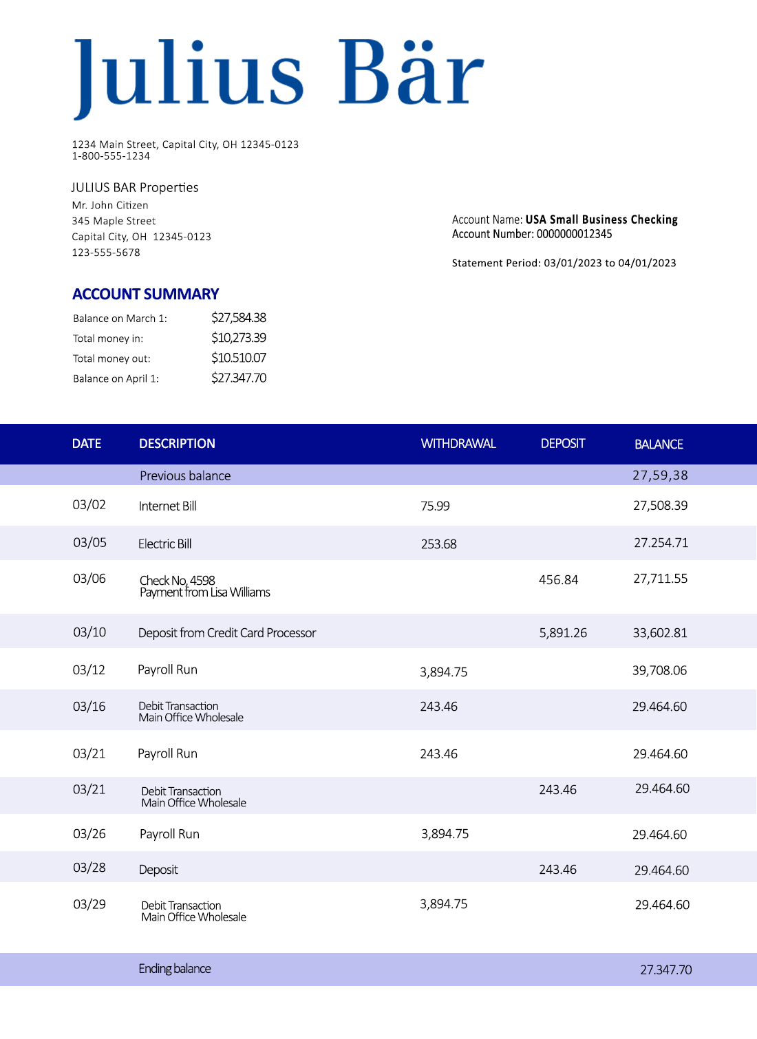 Fake Ulius Baer Business Bank Statement