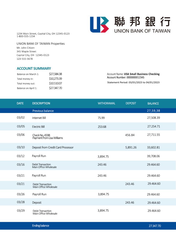 Fake Union Bank of Taiwan Business Bank Statement