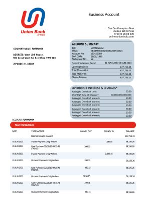 Fake Union Bank of the Philippines Business Bank Statement
