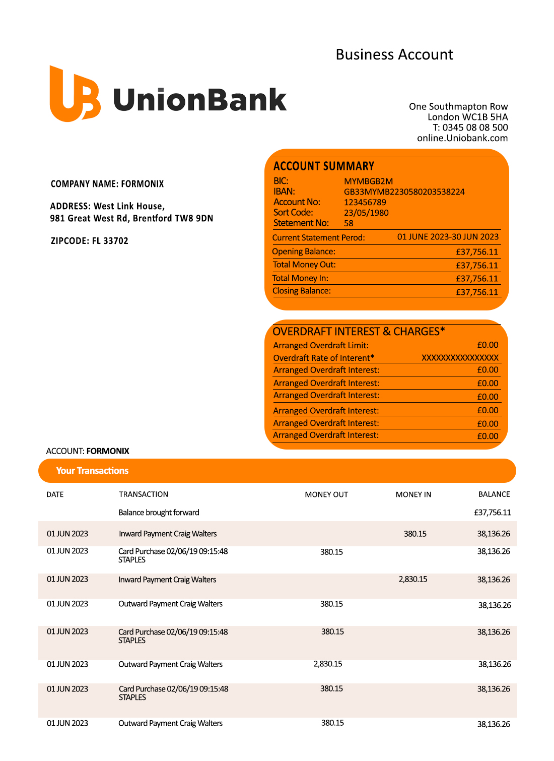 Fake Union Bank of the Philippines Business Bank Statement (version1)