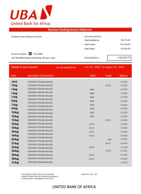 Fake United Bank for Africa Business Statement