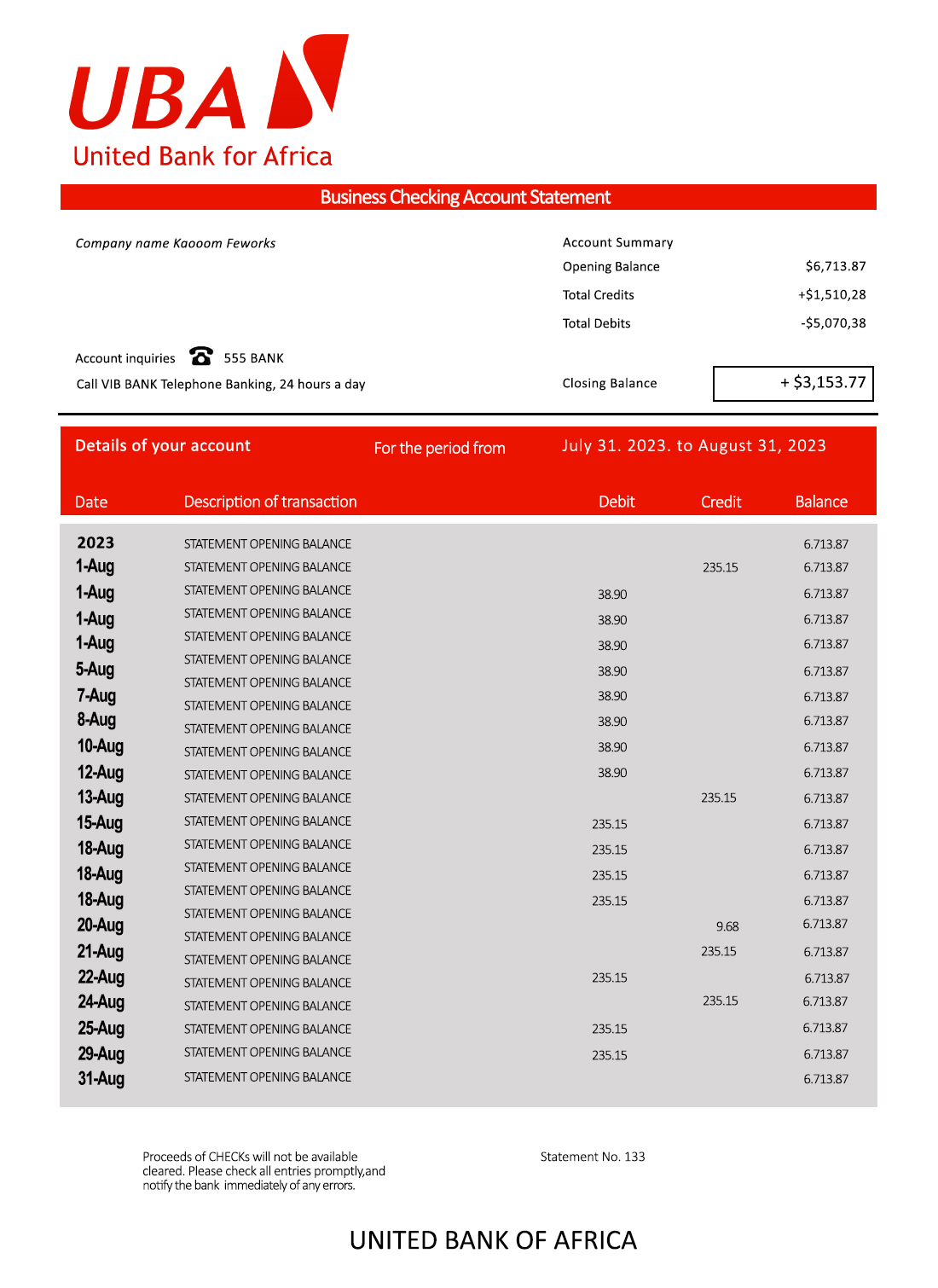 Fake United Bank for Africa Business Statement