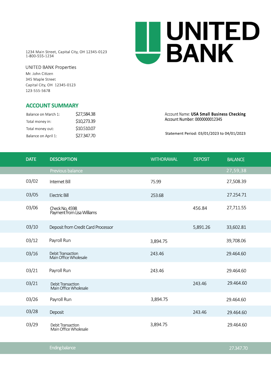 Fake United Business Bank Statement