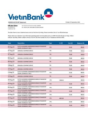 Fake VIETIN Business Bank Statement