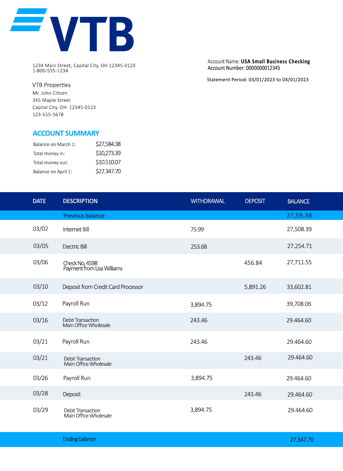 Fake VTB Business Bank Statement