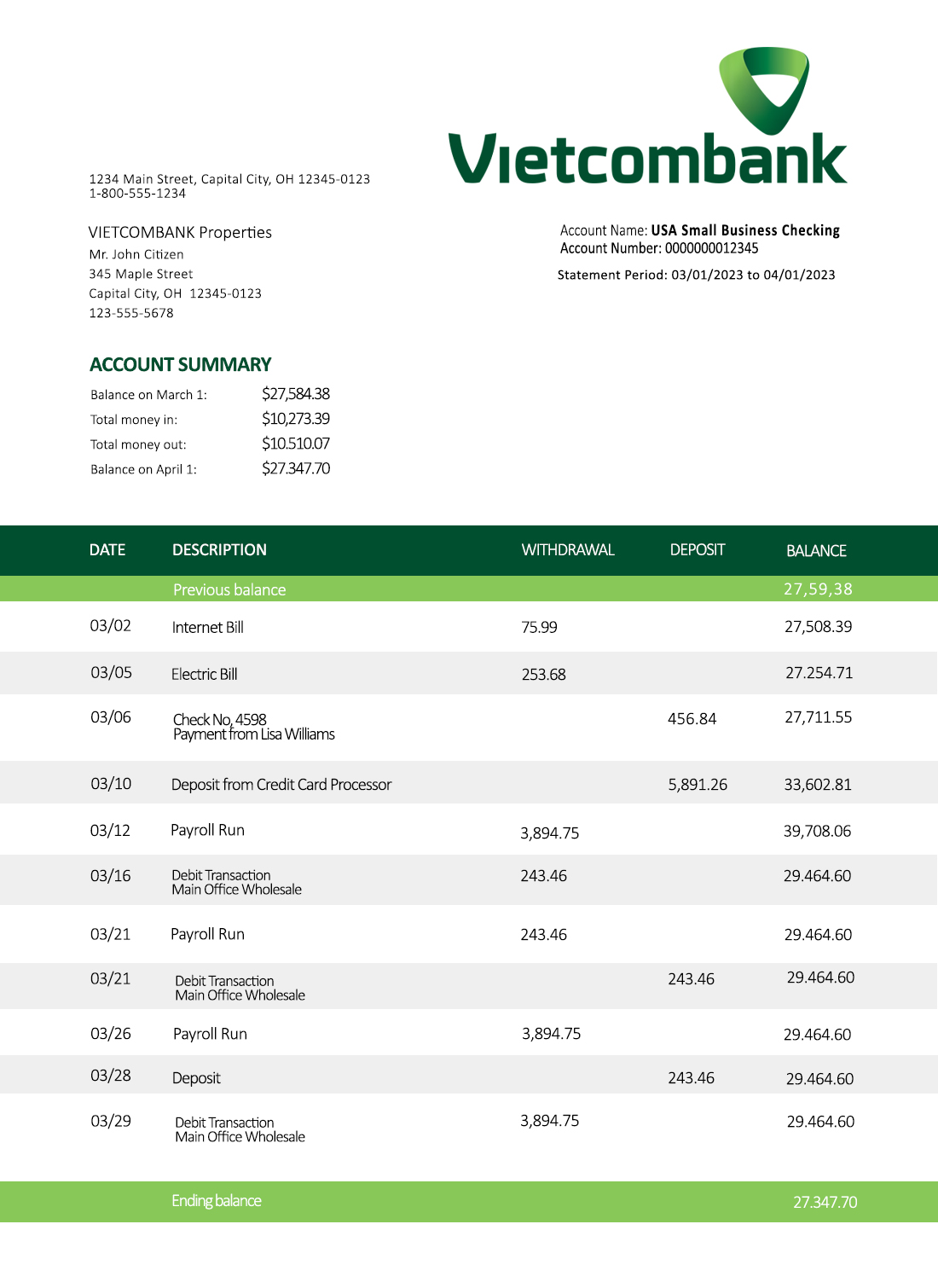 Fake Vietcombank Business Bank Statement