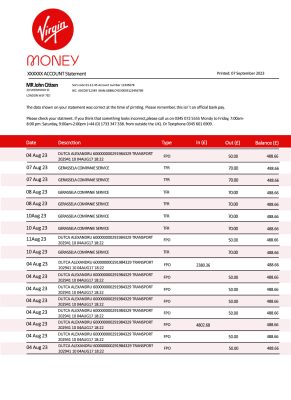 Fake Virgin Money Business Bank Statement
