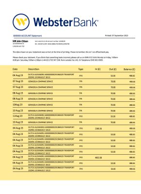 Fake Webster Business Bank Statement