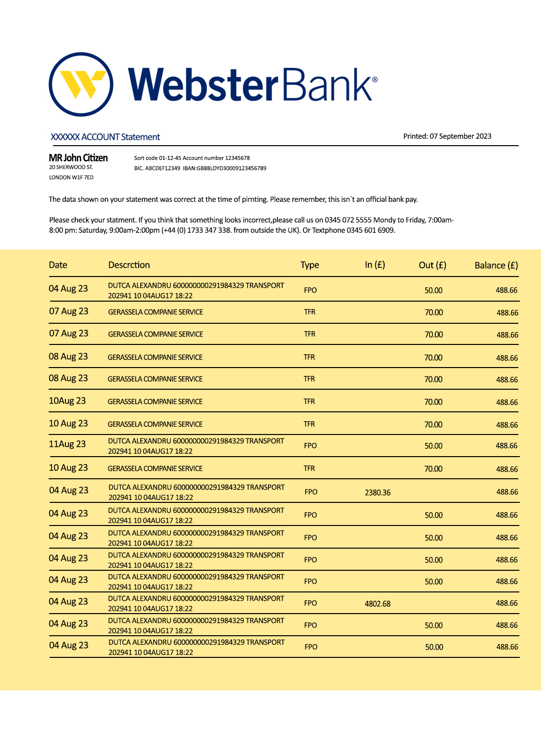 Fake Webster Business Bank Statement