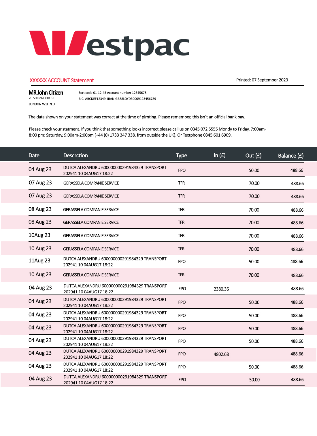 Fake Westpac Business Bank Statement