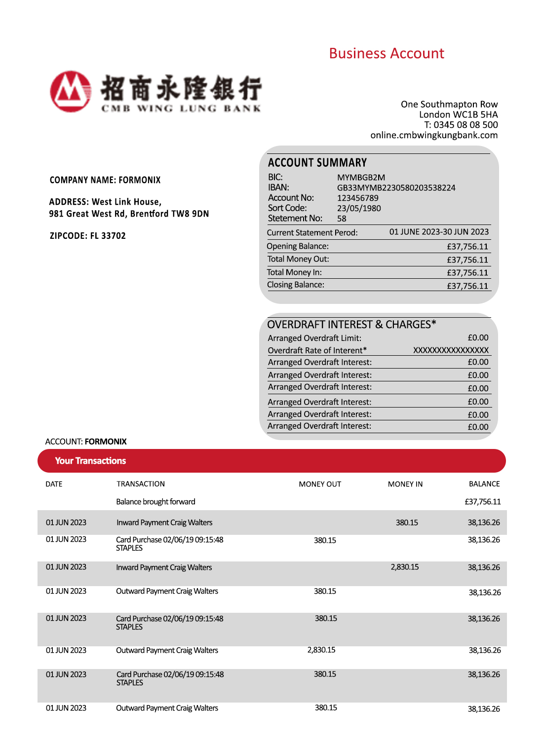 Fake Wing Lung Business Bank Statement