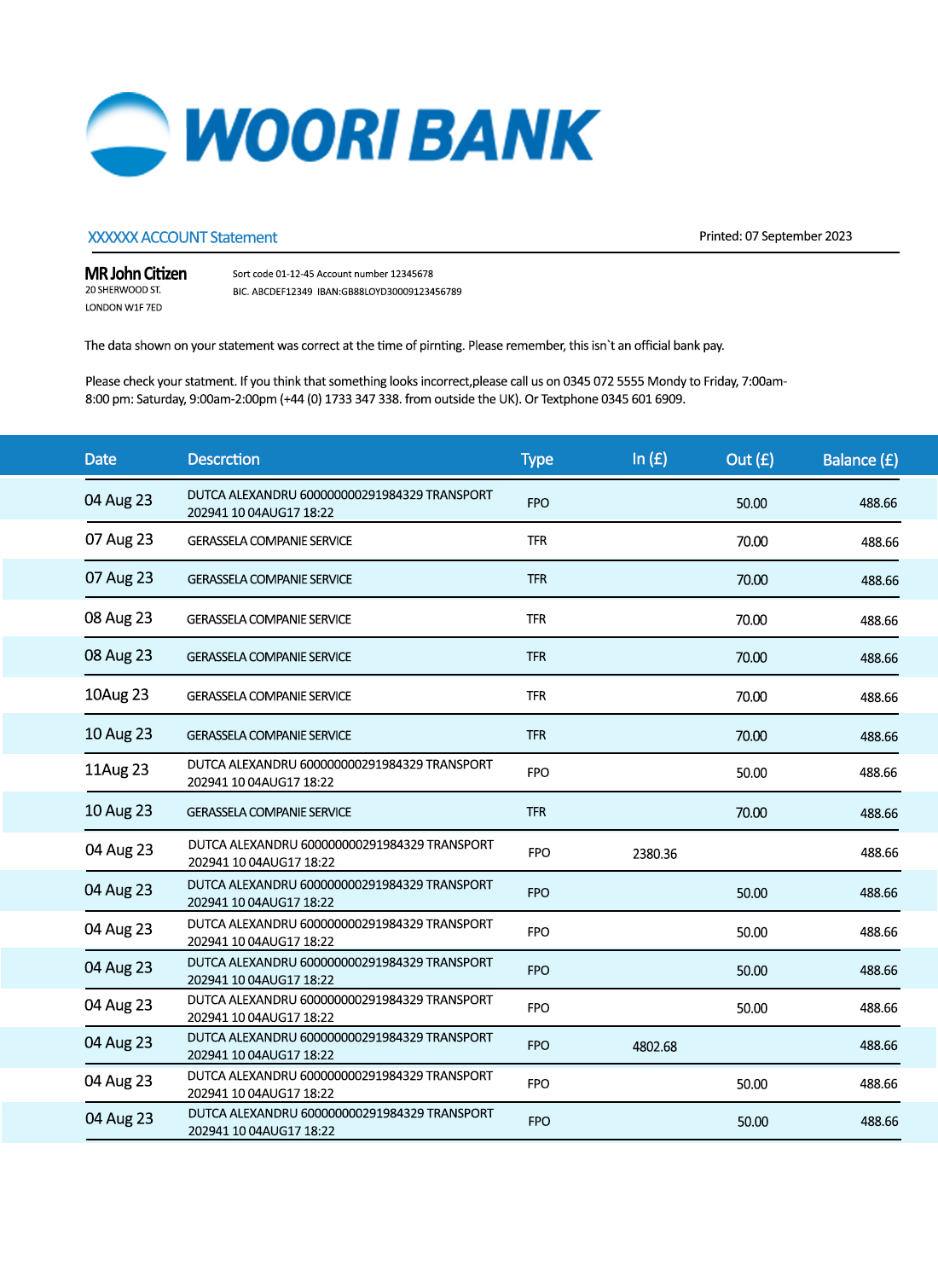 Fake Woori Business Bank Statement