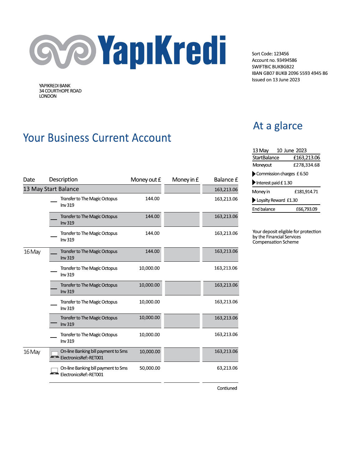 Fake Yapi Kredi Business Bank Statement