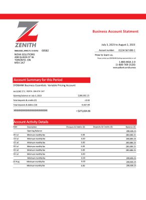 Fake Zenith Business Bank Statement