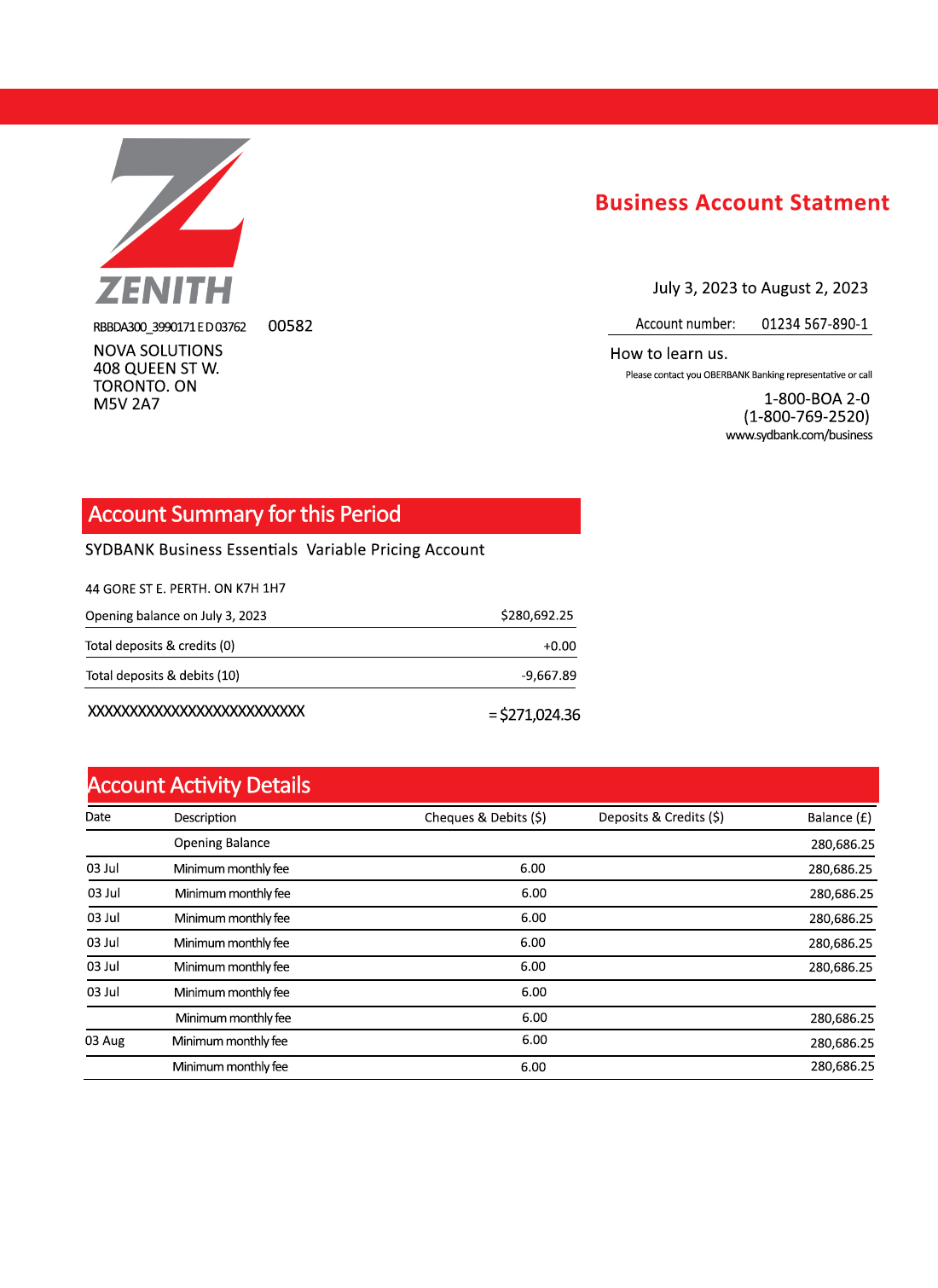 Fake Zenith Business Bank Statement
